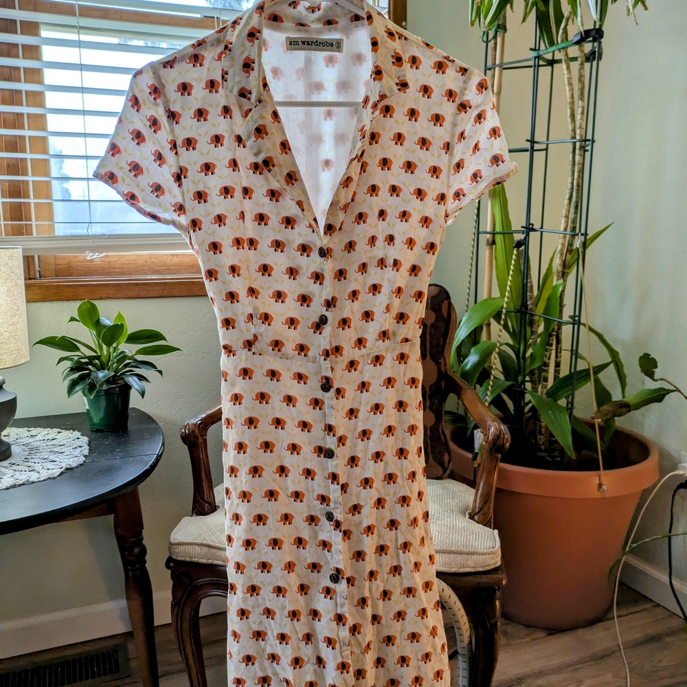 Women's White and Orange Elephant Button-Up Dress